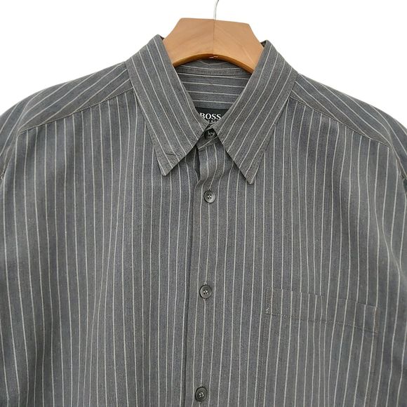 Hugo Boss Shirt Mens Large Gray Cotton Striped Long Sleeve Button Up Work Office - Picture 2 of 12